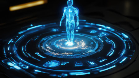 AI-driven medical chatbot concept, showing a futuristic floating AI assistant analyzing a patient's medical history.の素材