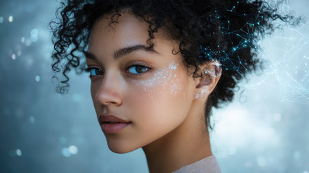 AI-powered digital avatar concept, with a glowing virtual face and advanced neural networks in the background.の素材