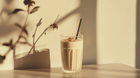 A chilled almond milk latte in a modern glass with a straw, set against a clean, neutral backdrop.の素材