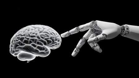D wireframe of a human brain connecting with a robotic arm, symbolizing deep learning and human-robot partnership.の素材