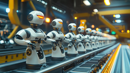 AI-integrated industrial robots, working together on an assembly line to manufacture products with high precision and speed.の素材
