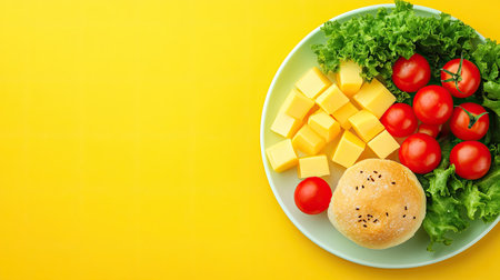 A bright and colorful lunch plate for kids with cheese cubes, cherry tomatoes, and a small sandwich roll.の素材