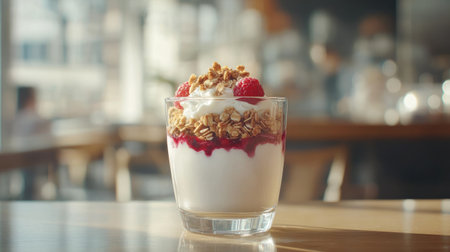 A healthy kids' parfait with granola, berries, and yogurt in a small glass jar.の素材
