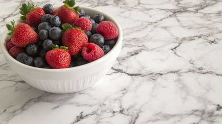A bowl of fresh mixed berries, including strawberries, blueberries, and raspberries, on a marble surface with space for design.の素材