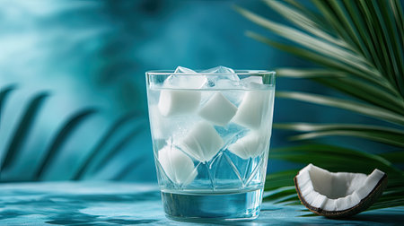 A cold coconut water drink in a glass with ice cubes, placed on a tropical-inspired background with palm leaves.の素材