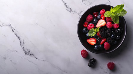A delicious mix of summer berries in a bowl, placed on a marble surface with copy space.の素材