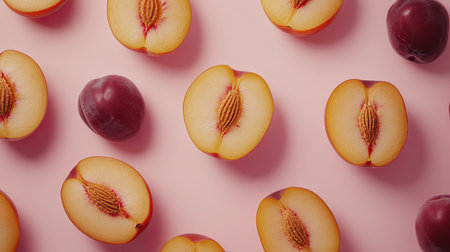A creative flat lay of sliced peaches, nectarines, and plums, arranged aesthetically with a summer vibe.の素材