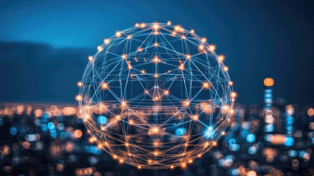 A digital world shaped by AI with holographic interfaces, glowing data grids, and virtual cityscapes symbolizing advanced technology.の素材