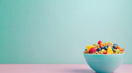 A colorful smoothie bowl with fresh fruit toppings and granola, placed on a pastel background with copy space.の素材