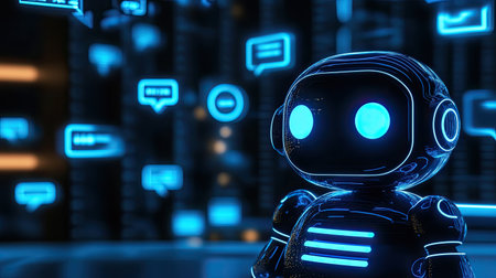 Digital network with AI chatbot icons and speech bubbles, connected by glowing data lines representing virtual conversation.の素材