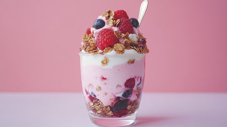 A playful kids' dessert with yogurt parfait, granola, and fresh berries, served in a small glass with a spoon.の素材