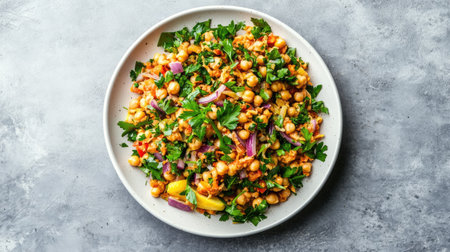 A protein-packed chickpea salad with red onion, parsley, and lemon dressing, set on a white plate.の素材