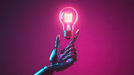 A robot hand holding a glowing lightbulb, symbolizing the creative collaboration between human intelligence and artificial intelligence.の素材
