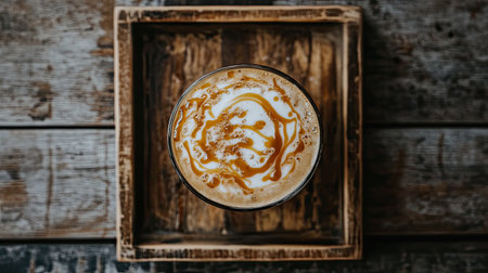 A top-down view of an iced caramel macchiato with swirls of caramel sauce, placed on a wooden tray.の素材