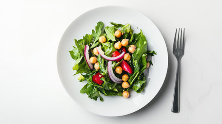 A protein-packed chickpea salad with red onion, parsley, and lemon dressing, set on a white plate.の素材