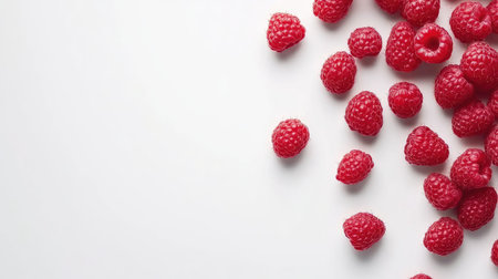 A top-down view of fresh raspberries scattered on a white background with ample copy space.の素材