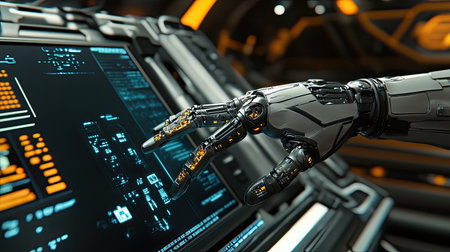Concept of artificial intelligence in the workplace, with a robotic hand interacting with a digital display and performing human-like tasks.の素材