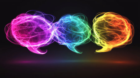 Concept of a digital chatbot interface, represented by floating speech bubbles and glowing lines of interconnected data.の素材