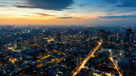 Futuristic AI-driven technology landscape with glowing algorithms, smart devices, and virtual data flows merging into a connected world.の素材