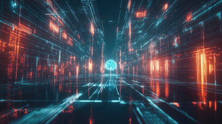 Concept of AI algorithms, with a glowing digital brain interacting with interconnected lines and patterns in a futuristic environment.の素材