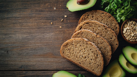 Whole grain bread, fresh vegetables, and avocado slices arranged neatly on a rustic wooden table with space for text.の素材