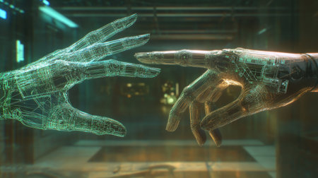 Digital grid connecting human and robotic hands, symbolizing the integration of AI technology in everyday life.の素材