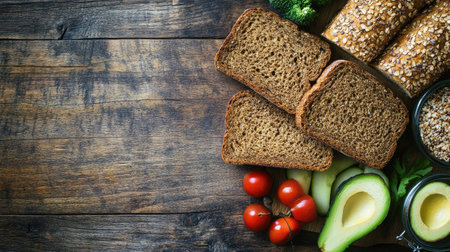 Whole grain bread, fresh vegetables, and avocado slices arranged neatly on a rustic wooden table with space for text.の素材