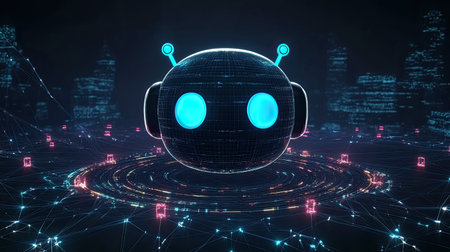 Virtual D chatbot symbol surrounded by glowing data clusters and digital network connections, representing artificial intelligence.の素材
