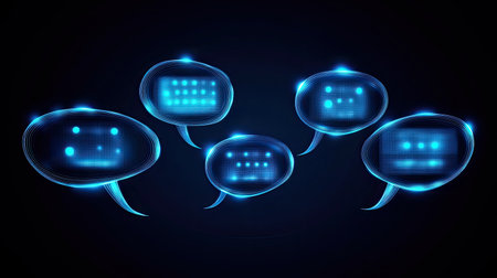 Chatbot communication represented by glowing virtual data pathways and interactive speech bubbles.の素材
