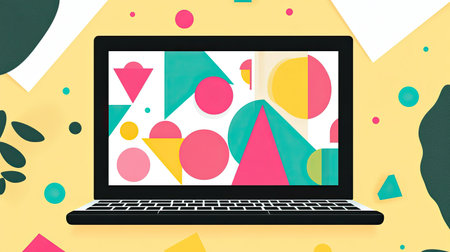Abstract design patterns displayed on a laptop screen, with colorful vector illustrations representing online graphic design tools.の素材