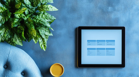 A clean customer support platform interface on a tablet screen, with blank areas for live chat and responses.の素材