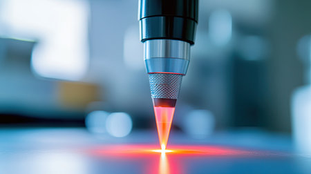 A close-up of a laser therapy device with a faint red beam of light emanating from it, placed on a clean surface in a sterile environment.の素材