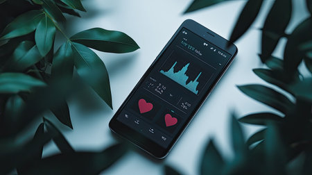 A digital health application on a smartphone displaying personalized wellness data, with an emphasis on heart rate and activity levels, set against a neutral background.の素材