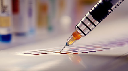 A detailed shot of a syringe with genetic material being prepared for gene therapy, resting on a clean, white surface in a medical setting.の素材