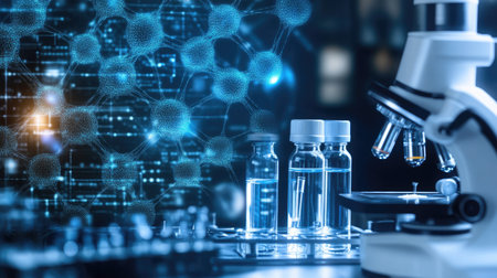 A close-up of an array of laboratory vials containing gene therapy solutions, surrounded by medical instruments, symbolizing innovation in genetics.の素材