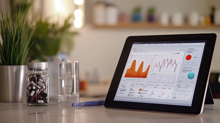 A tablet screen showing a digital health platform with interactive graphs and charts for tracking various health metrics like weight and exercise routines.の素材