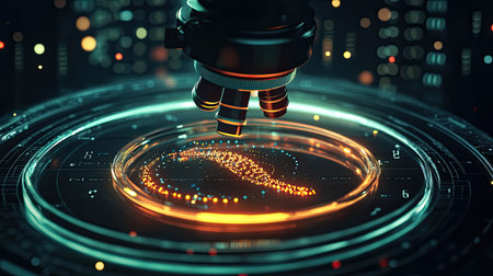 A laboratory microscope focused on a petri dish with genetic material, symbolizing advanced research in gene therapy and its therapeutic potential.の素材