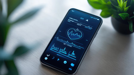 A digital health application on a smartphone displaying personalized wellness data, with an emphasis on heart rate and activity levels, set against a neutral background.の素材