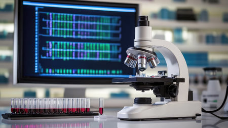 A modern laboratory scene with test tubes containing gene therapy substances, placed next to a microscope and a computer screen showing genetic sequences.の素材