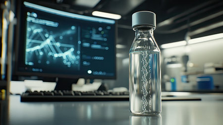 A laboratory scene featuring a clear glass vial of genetic treatment solution, with a high-tech computer displaying DNA sequences in the background.の素材