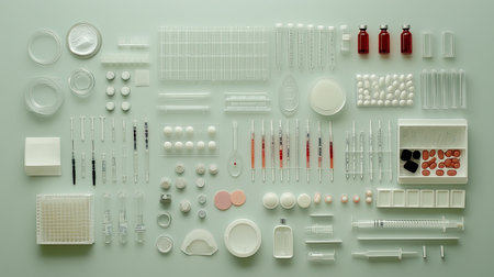 A clean lab bench with biological medicine research equipment, including test tubes, vials, and syringes, symbolizing scientific progress in biologic therapies.の素材