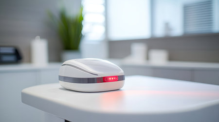A sleek and professional laser therapy device emitting a red beam, placed on a white medical table, symbolizing modern technology in health care.の素材