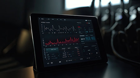 A tablet screen showing an interactive health tracking app with daily activity logs and progress reports, symbolizing digital solutions for health and fitness.の素材