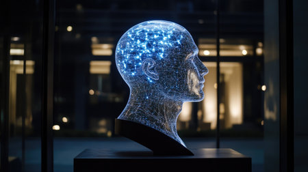 Data-driven business transformation powered by AI, with glowing predictive algorithms, virtual networks, and smart digital systems.の素材