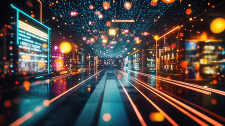 Concept of digital business platforms, with virtual storefronts, glowing icons, and data-driven sales performance tracking.の素材