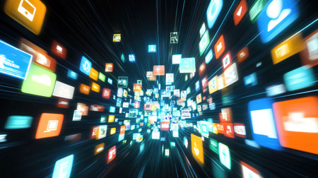 Virtual digital marketing world with online ads, user behavior tracking, and glowing social media interactions.の素材