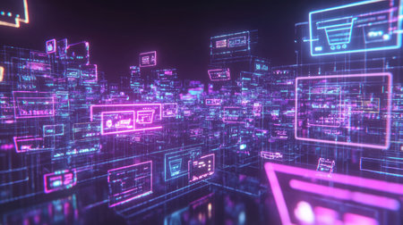 High-tech virtual business landscape with glowing product icons, online shopping carts, and e-commerce dashboards enhancing transactions.の素材