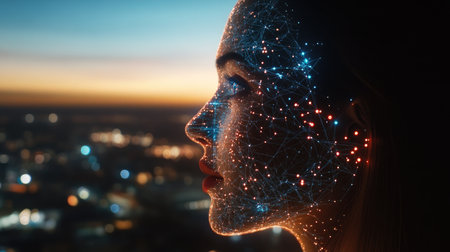 Data-driven business transformation powered by AI, with glowing predictive algorithms, virtual networks, and smart digital systems.の素材