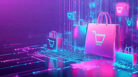 Online retail concept with virtual stores, glowing product listings, and seamless digital payment systems boosting customer engagement.の素材
