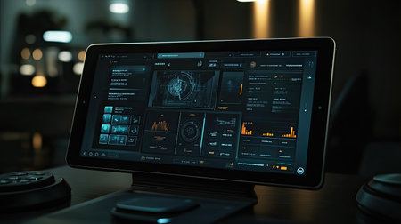 Virtual assistant interface displayed on a tablet screen, with blank spaces for customer queries and support responses.の素材